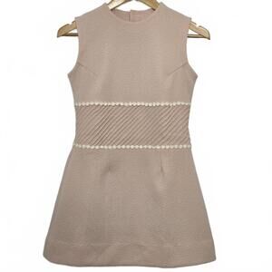 Handmade 60s Dress Womens XS Nude Pink Daisy Trim Pleat Crepe Sleeveless A Line